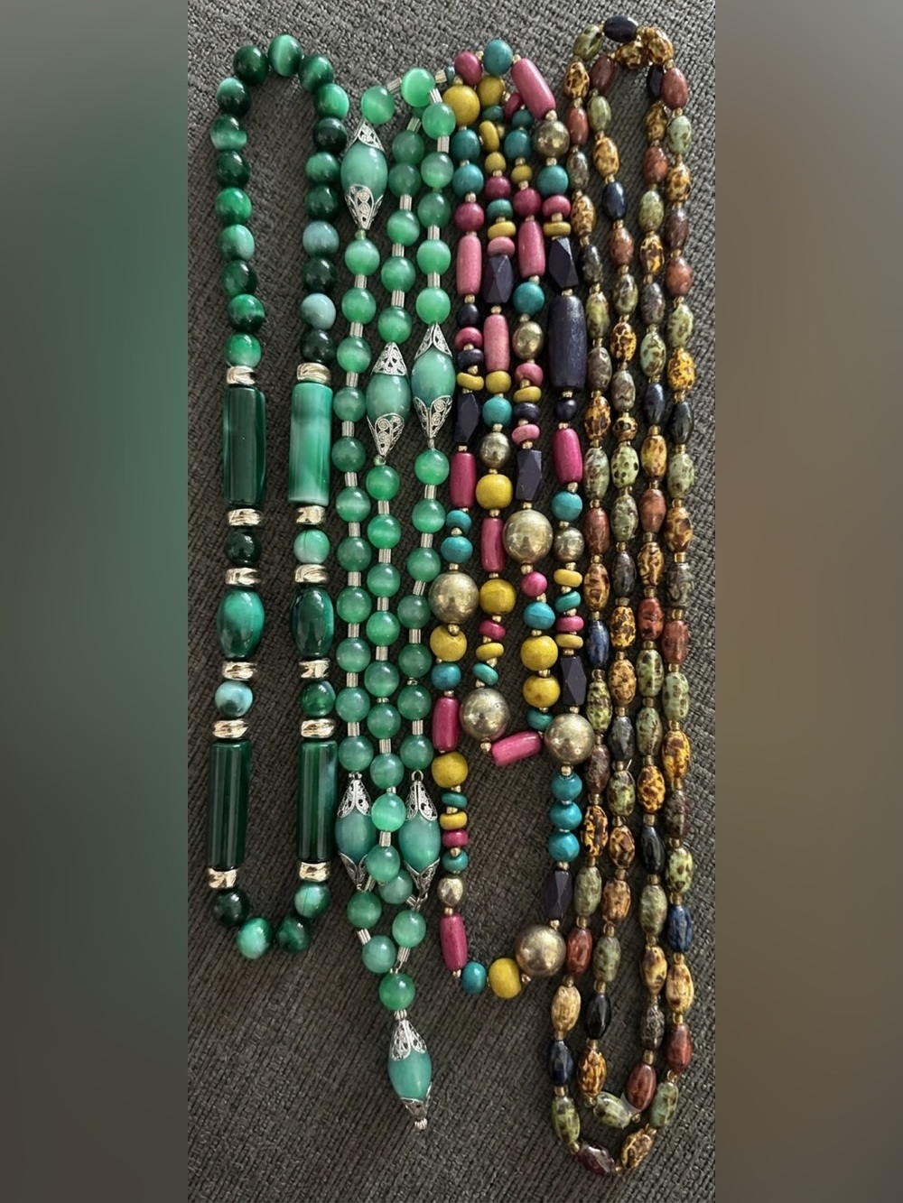 Vintage Beaded Long Necklace Lot 4 Green Cat Eye Filigree Boho Wood Jasper